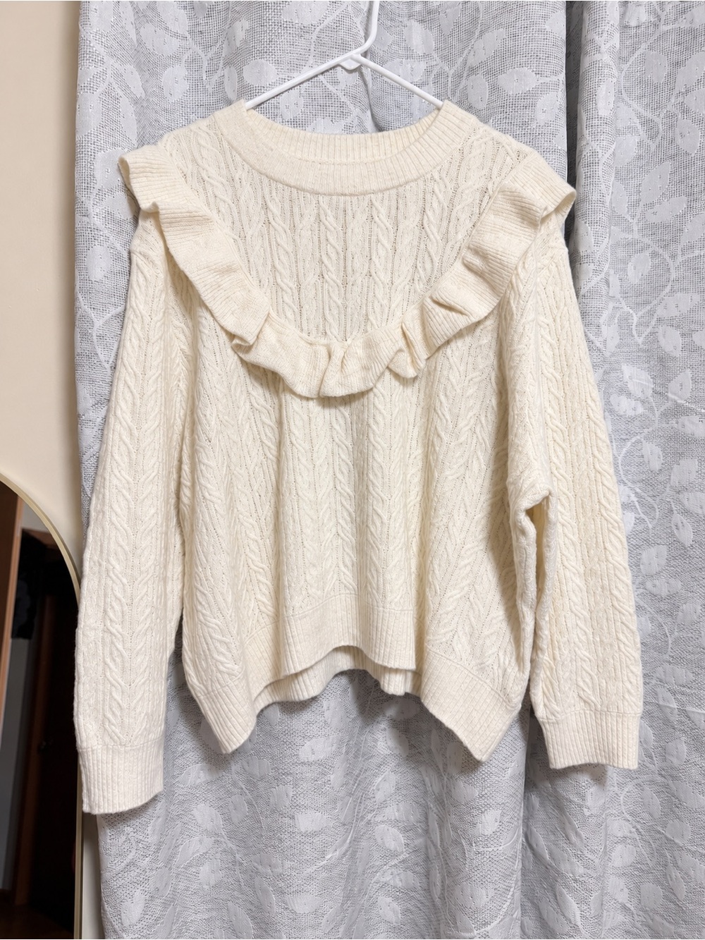 Cream Ruffle-Trim Cable Knit Women's Sweater